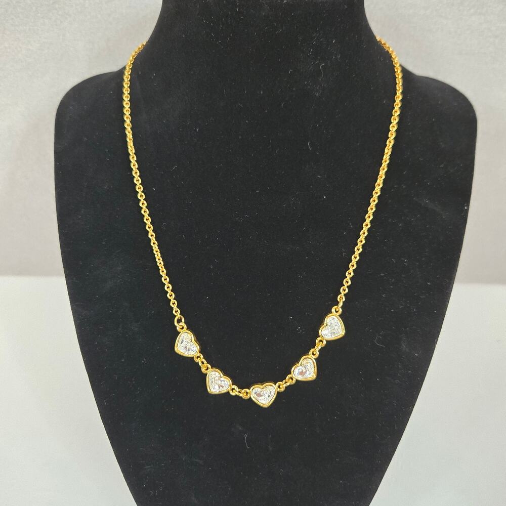 Gold-Toned Necklace with Five Clear Rhinestone Hearts